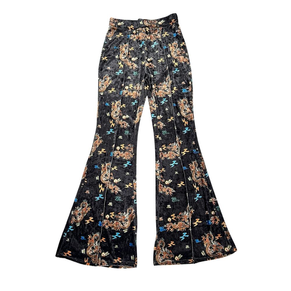 Black Velvet Dragon Print Bell Bottom Pants Festival Y2K Boho Witch Flare - Picture 4 of 10